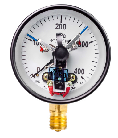 Вакуумметры, мановакуумметры, манометры электроконтактные пылевлагозащищенные ДВ2010ф, ДА2010ф, ДМ2010ф IP53 Тех.стекло (Диаметр: 100 мм)