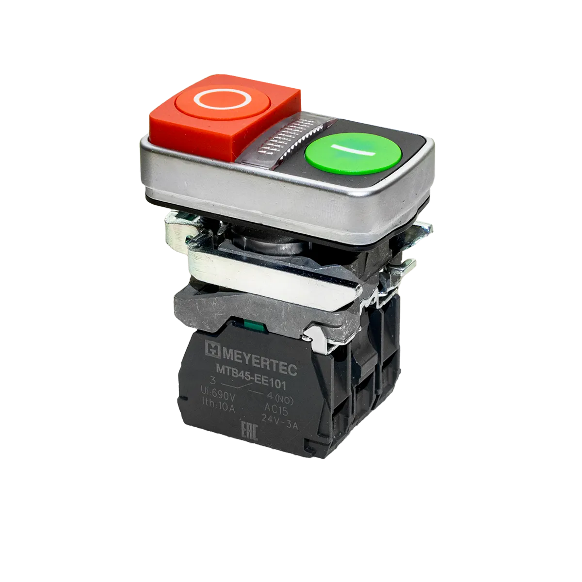 Кнопка двойная выступающая с подсветкой, красная/зеленая, маркировка "I+O", 1NO+1NC, 24V AC/DC, IP65, металл