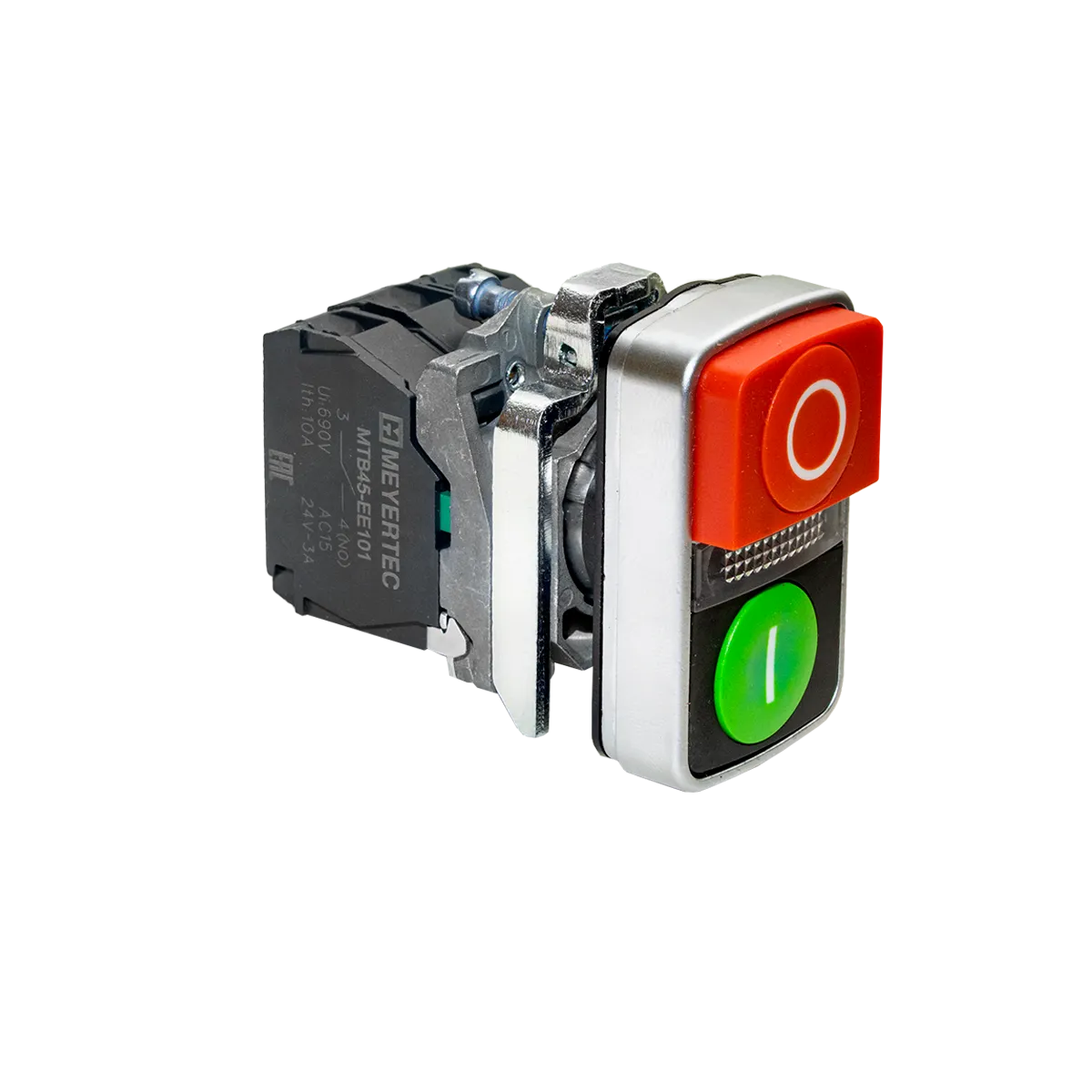 Кнопка двойная выступающая с подсветкой, красная/зеленая, маркировка "I+O", 1NO+1NC, 24V AC/DC, IP65, металл