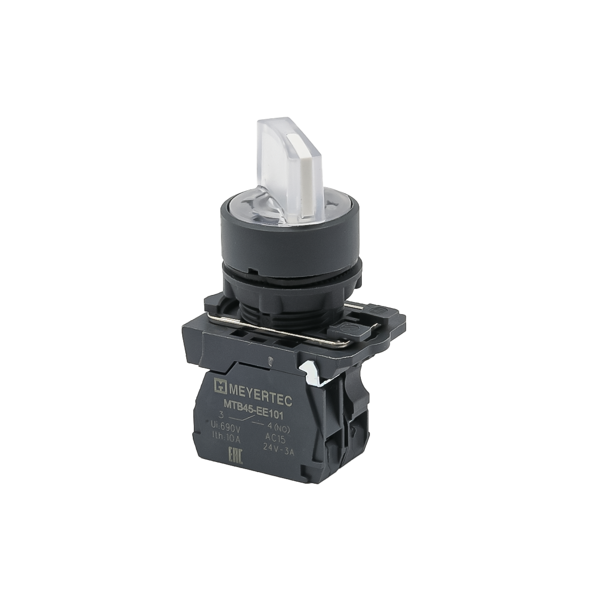 Переключатель на 2 положения с фиксацией и подсветкой, белый, 1NO, 220V AC/DC, IP65, пластик