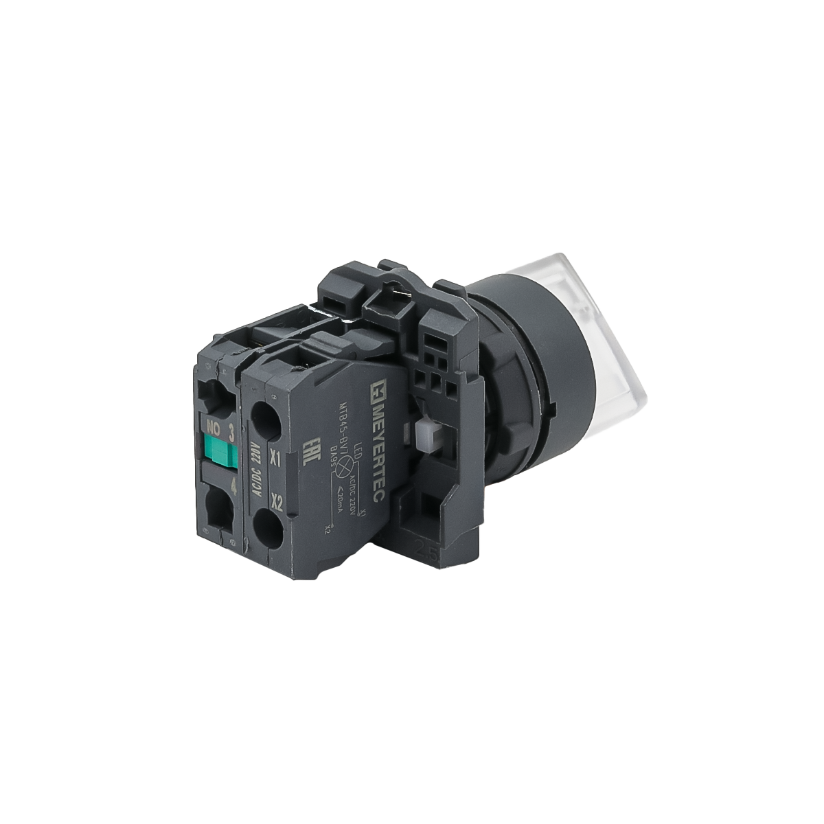 Переключатель на 2 положения с фиксацией и подсветкой, белый, 1NO, 220V AC/DC, IP65, пластик
