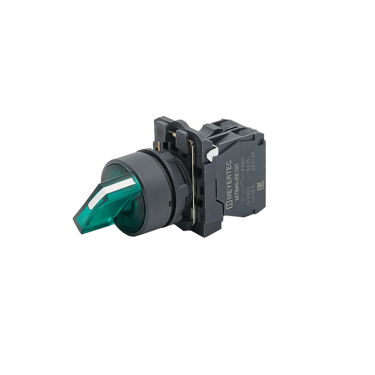 Переключатель  на 2 положения с фиксацией и подсветкой,  зеленый, 1NO, 24V AC/DC, IP65, пластик