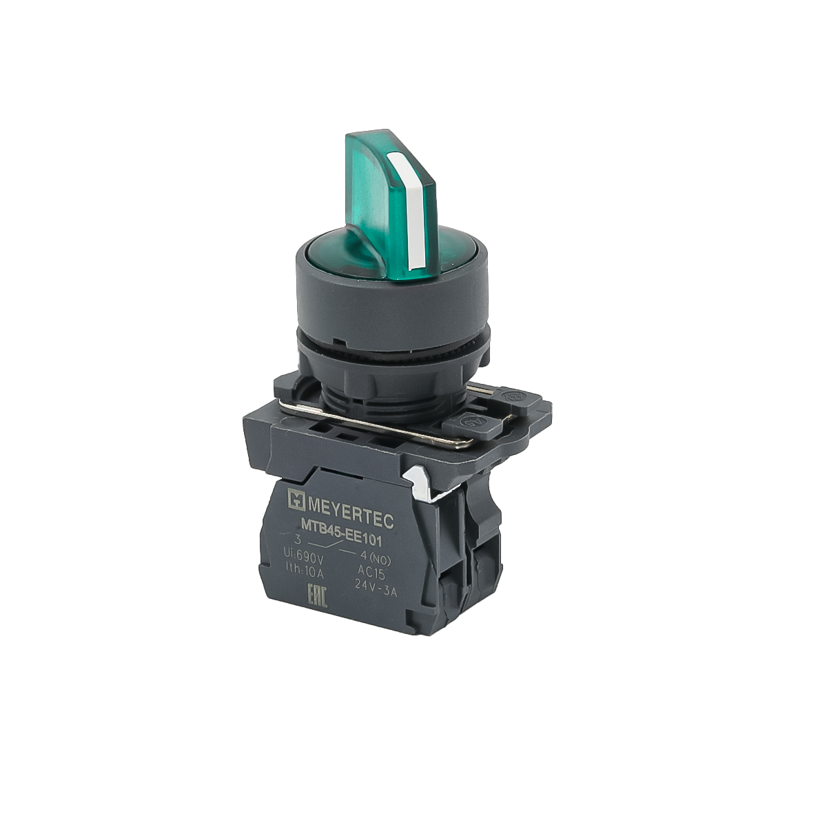 Переключатель  на 2 положения с фиксацией и подсветкой,  зеленый, 1NO, 24V AC/DC, IP65, пластик