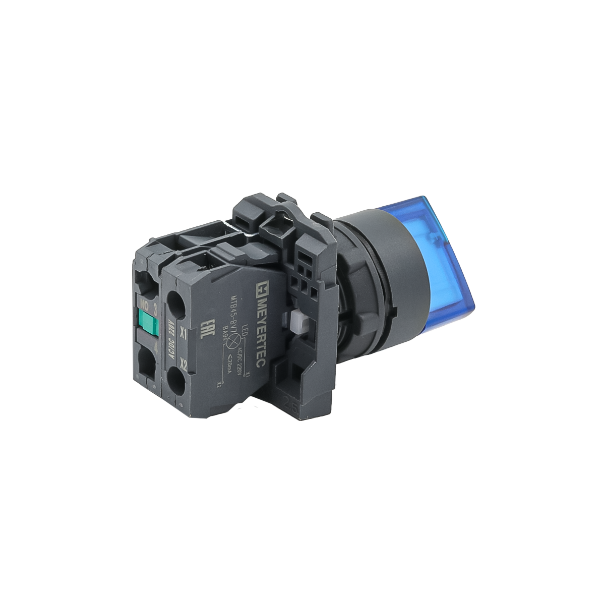Переключатель  на 3 положения с фиксацией и подсветкой, синий, 1NO, 220V AC/DC, IP65, пластик