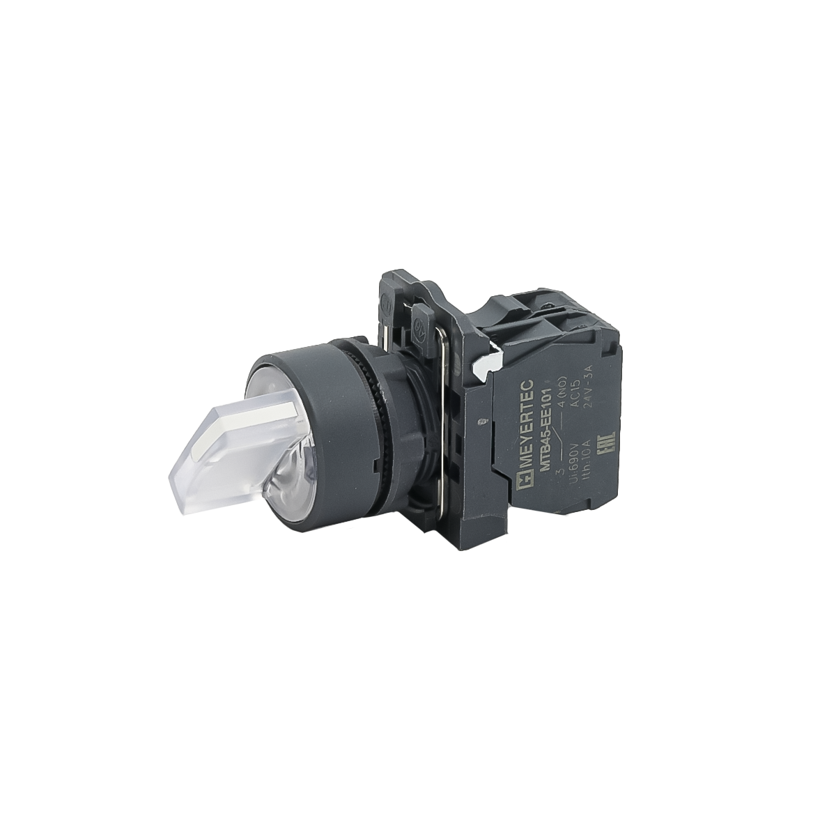 Переключатель  на 2 положения с фиксацией и подсветкой,  белый, 1NO, 24V AC/DC, IP65, пластик