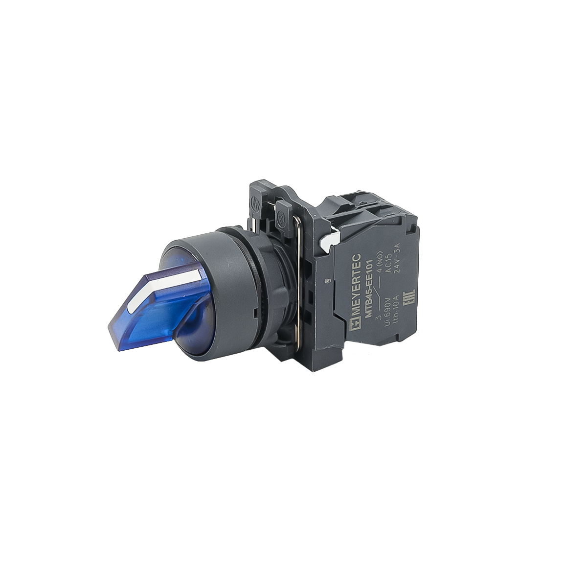 Переключатель  на 3 положения с фиксацией и подсветкой, синий, 1NO, 220V AC/DC, IP65, пластик