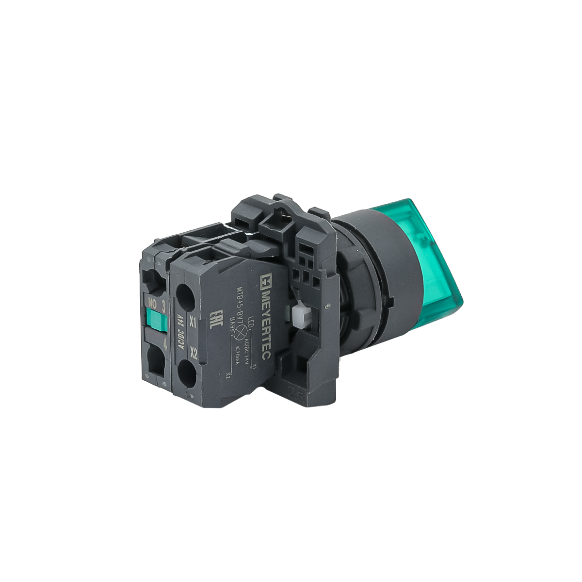 Переключатель  на 3 положения с фиксацией и подсветкой, зеленый, 1NO, 24V AC/DC, IP65, пластик
