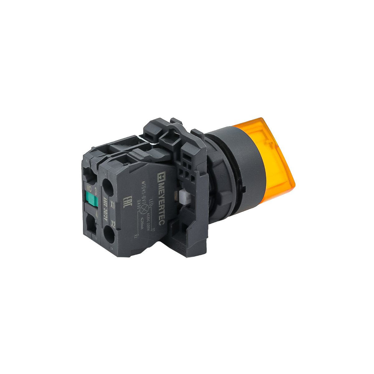 Переключатель  на 2 положения с фиксацией и подсветкой,  желтый, 1NO, 220V AC/DC, IP65, пластик