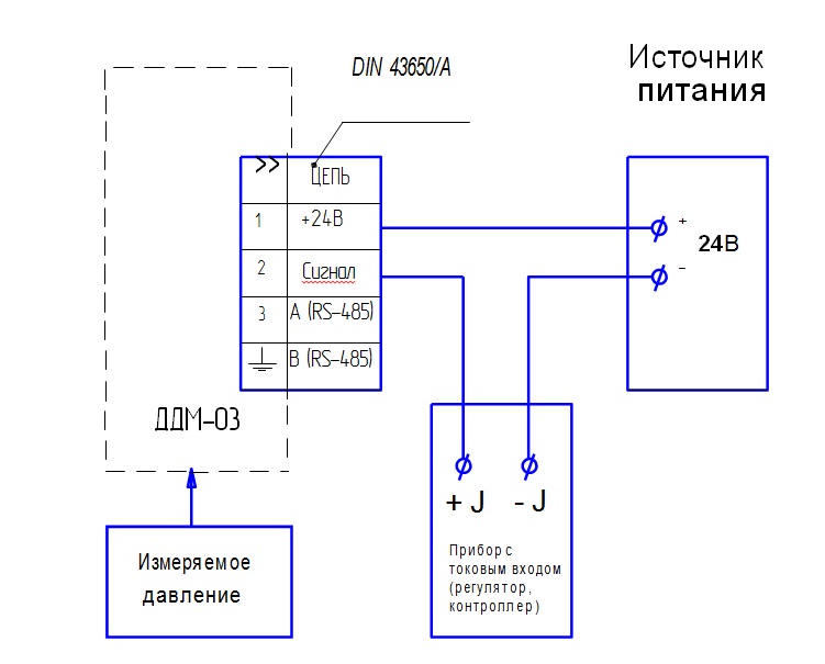 Схема подключения датчика ДДМ-03 общепромышленного исполнения на объекте Схема подключения датчика ДДМ-03 общепромышленного исполнения на объекте
