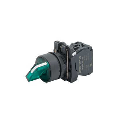 Переключатель  на 2 положения с фиксацией и подсветкой,  зеленый, 1NO, 24V AC/DC, IP65, пластик